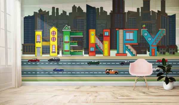 Personalised childrens city buildings cars Wallpaper